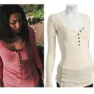 Free People We The Free Ivory Pure Cotton Jersey And Rib Knit Button Henley Top